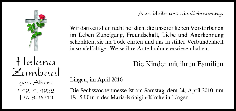  Traueranzeige für Helena Zumbeel vom 21.04.2010 aus Neue Osnabrücker Zeitung GmbH & Co. KG