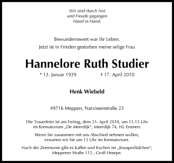 Traueranzeige von Hannelore Ruth Studier von Neue Osnabrücker Zeitung GmbH & Co. KG