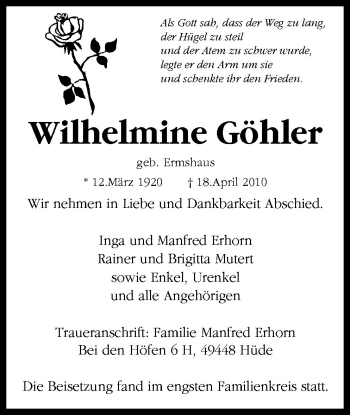 Traueranzeige von Wilhelmine Göhler von Neue Osnabrücker Zeitung GmbH & Co. KG