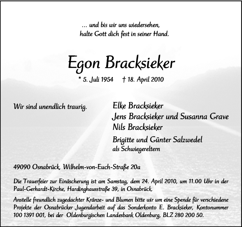  Traueranzeige für Egon Bracksieker vom 21.04.2010 aus Neue Osnabrücker Zeitung GmbH & Co. KG