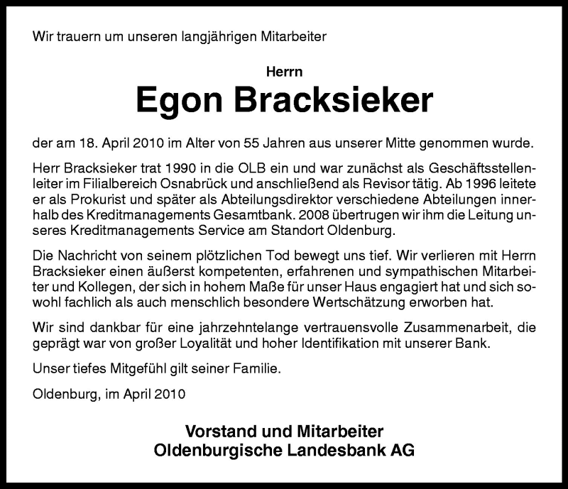  Traueranzeige für Egon Bracksieker vom 21.04.2010 aus Neue Osnabrücker Zeitung GmbH & Co. KG