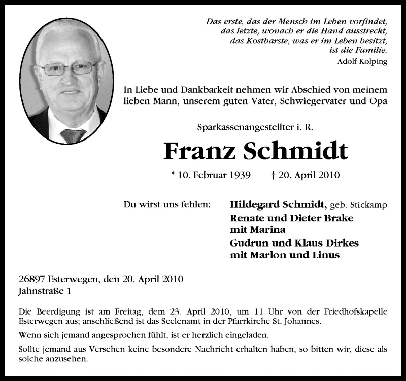  Traueranzeige für Franz Schmidt vom 22.04.2010 aus Neue Osnabrücker Zeitung GmbH & Co. KG