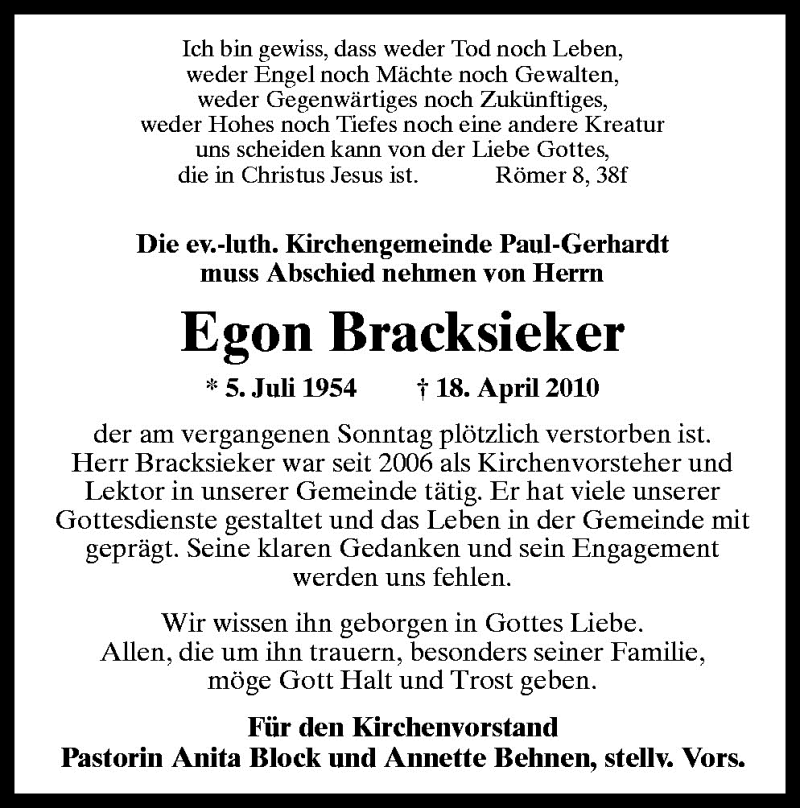  Traueranzeige für Egon Bracksieker vom 22.04.2010 aus Neue Osnabrücker Zeitung GmbH & Co. KG