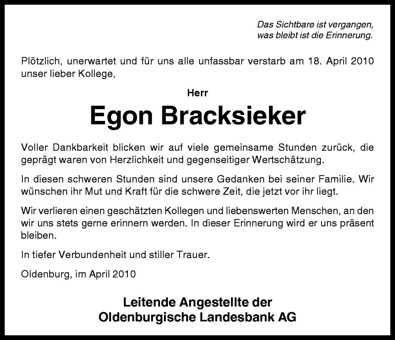  Traueranzeige für Egon Bracksieker vom 21.04.2010 aus Neue Osnabrücker Zeitung GmbH & Co. KG