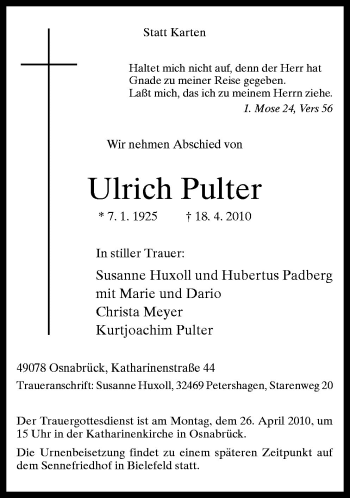 Traueranzeige von Ulrich Pulter von Neue Osnabrücker Zeitung GmbH & Co. KG