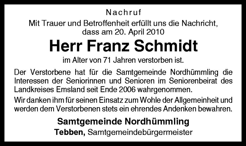  Traueranzeige für Franz Schmidt vom 23.04.2010 aus Neue Osnabrücker Zeitung GmbH & Co. KG