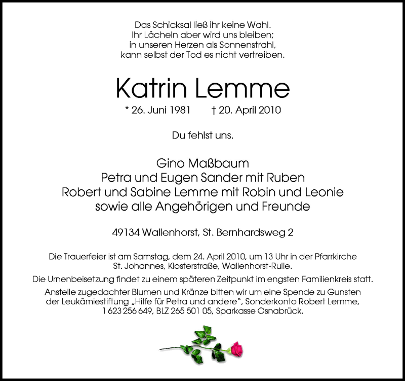  Traueranzeige für Katrin Lemme vom 23.04.2010 aus Neue Osnabrücker Zeitung GmbH & Co. KG