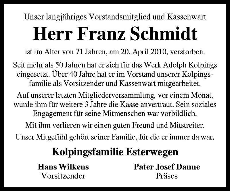  Traueranzeige für Franz Schmidt vom 23.04.2010 aus Neue Osnabrücker Zeitung GmbH & Co. KG