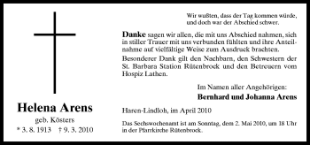 Traueranzeige von Helena Arens von Neue Osnabrücker Zeitung GmbH & Co. KG