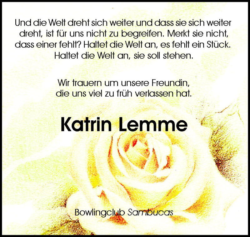  Traueranzeige für Katrin Lemme vom 23.04.2010 aus Neue Osnabrücker Zeitung GmbH & Co. KG