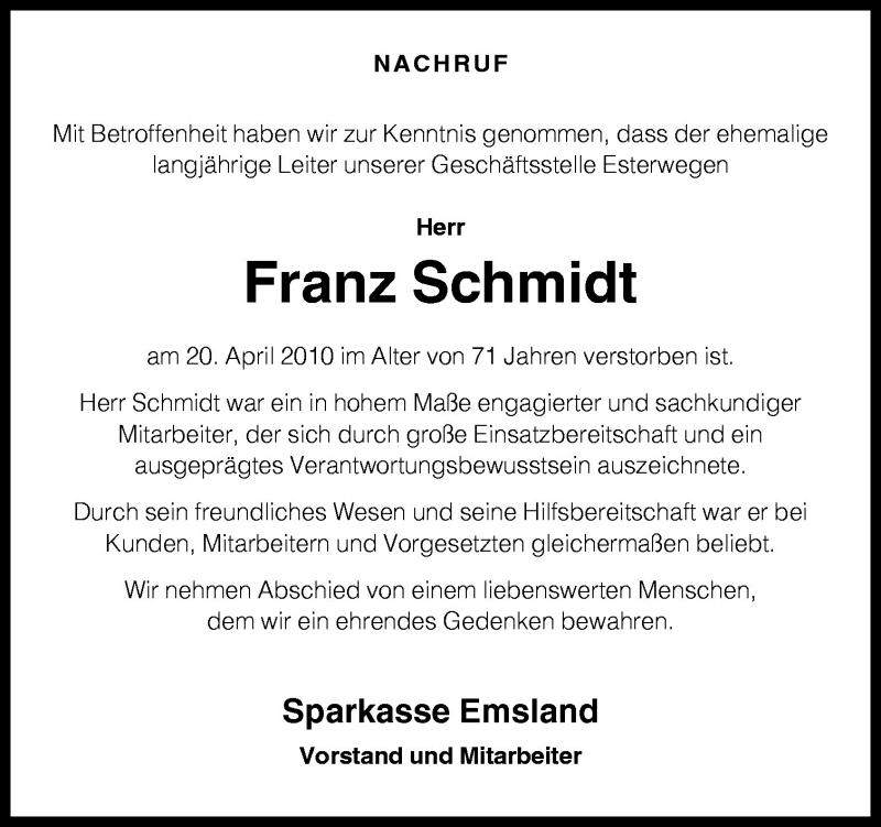  Traueranzeige für Franz Schmidt vom 23.04.2010 aus Neue Osnabrücker Zeitung GmbH & Co. KG