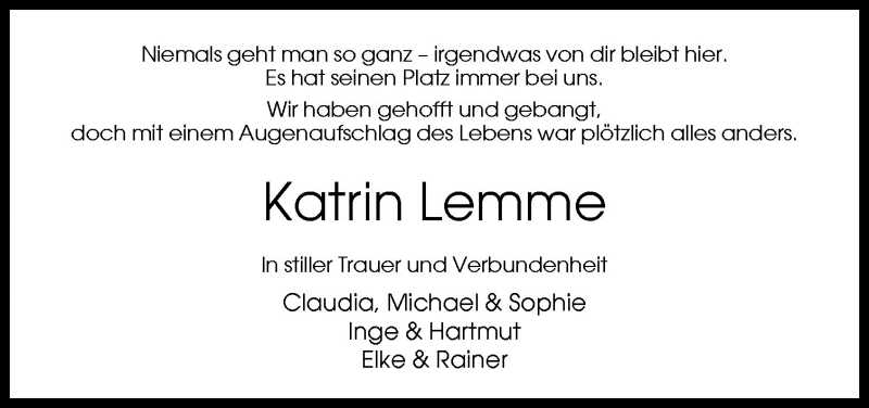  Traueranzeige für Katrin Lemme vom 23.04.2010 aus Neue Osnabrücker Zeitung GmbH & Co. KG