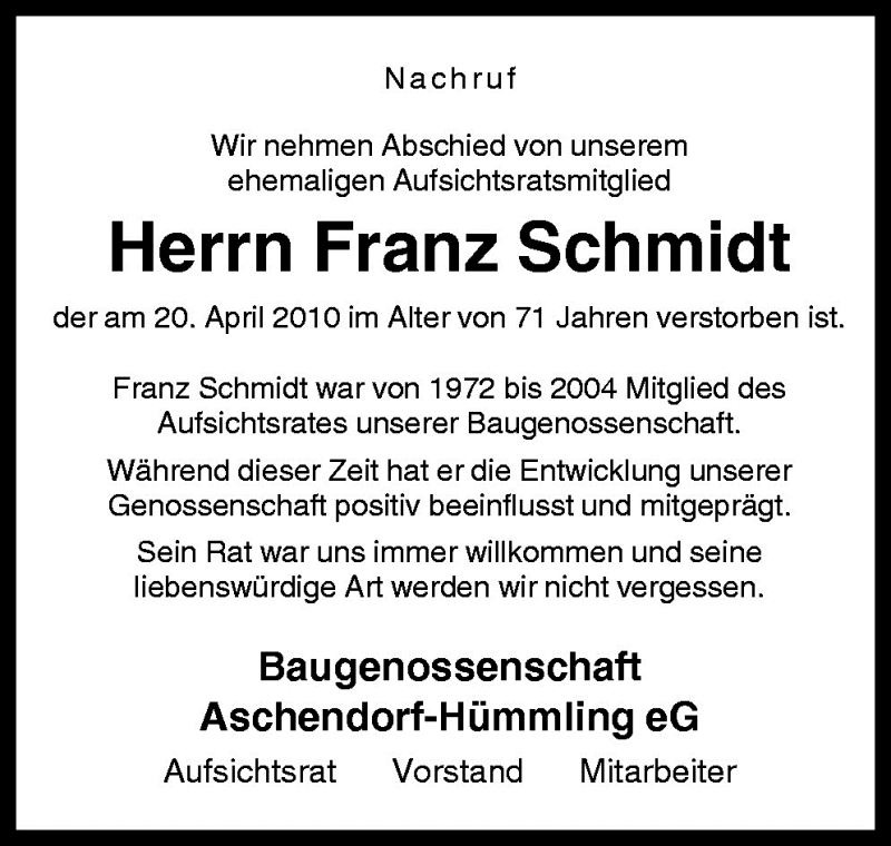  Traueranzeige für Franz Schmidt vom 23.04.2010 aus Neue Osnabrücker Zeitung GmbH & Co. KG