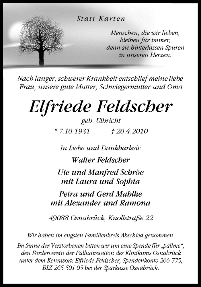  Traueranzeige für Elfriede Feldscher vom 24.04.2010 aus Neue Osnabrücker Zeitung GmbH & Co. KG