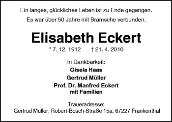 Traueranzeige von Elisabeth Eckert von Neue Osnabrücker Zeitung GmbH & Co. KG