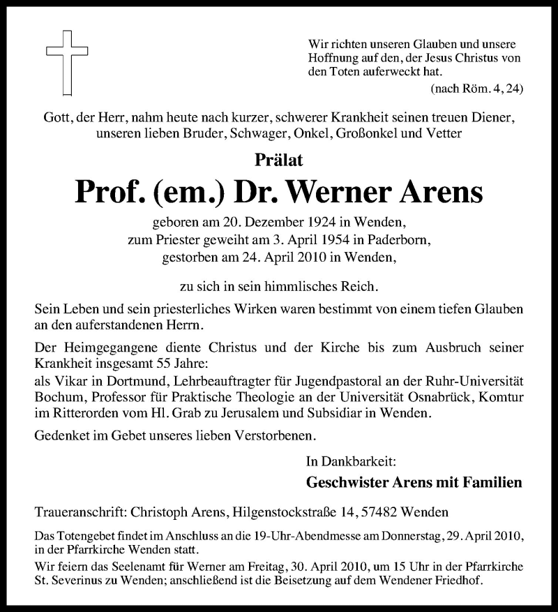  Traueranzeige für Werner Arens vom 26.04.2010 aus Neue Osnabrücker Zeitung GmbH & Co. KG
