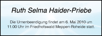 Traueranzeige von Ruth Selma Haider-Priebe von Neue Osnabrücker Zeitung GmbH & Co. KG