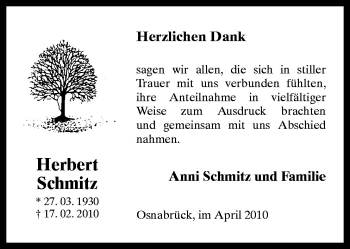 Traueranzeige von Herbert Schmitz von Neue Osnabrücker Zeitung GmbH & Co. KG