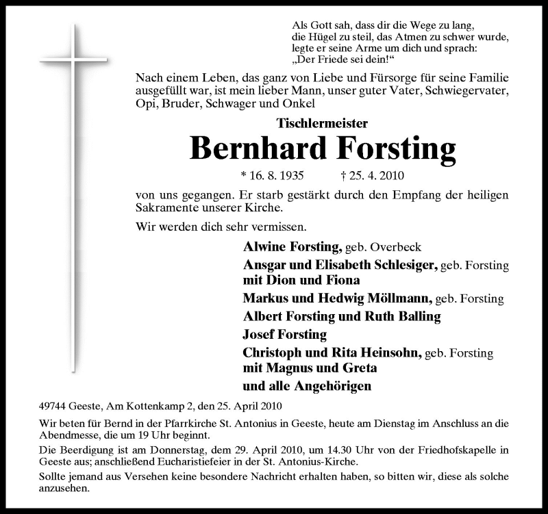  Traueranzeige für Bernhard Forsting vom 27.04.2010 aus Neue Osnabrücker Zeitung GmbH & Co. KG