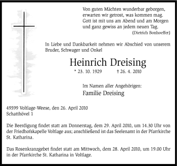 Traueranzeige von Heinrich Dreising von Neue Osnabrücker Zeitung GmbH & Co. KG