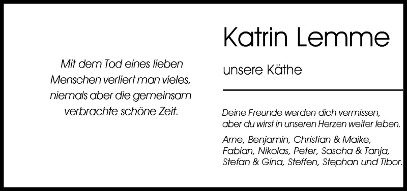  Traueranzeige für Katrin Lemme vom 28.04.2010 aus Neue Osnabrücker Zeitung GmbH & Co. KG