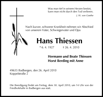 Traueranzeige von Hans Thiessen von Neue Osnabrücker Zeitung GmbH & Co. KG