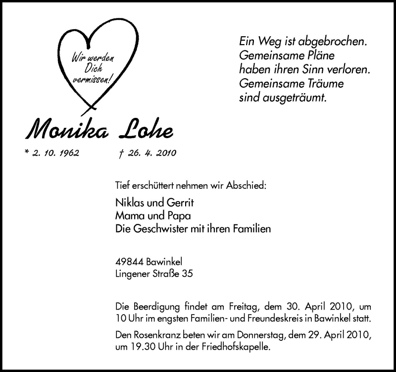  Traueranzeige für Monika Lohe vom 28.04.2010 aus Neue Osnabrücker Zeitung GmbH & Co. KG