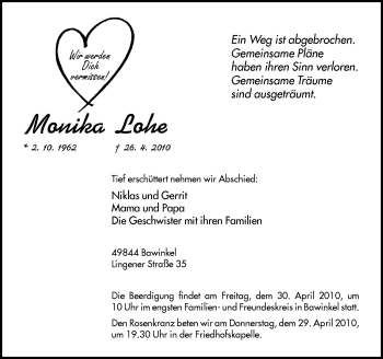 Traueranzeige von Monika Lohe von Neue Osnabrücker Zeitung GmbH & Co. KG