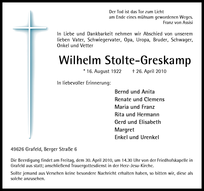  Traueranzeige für Wilhelm Stolte-Greskamp vom 28.04.2010 aus Neue Osnabrücker Zeitung GmbH & Co. KG