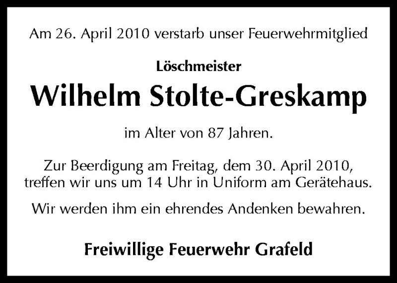  Traueranzeige für Wilhelm Stolte-Greskamp vom 29.04.2010 aus Neue Osnabrücker Zeitung GmbH & Co. KG