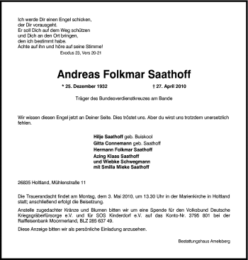 Traueranzeige von Andreas Folkmar Saathoff von Neue Osnabrücker Zeitung GmbH & Co. KG