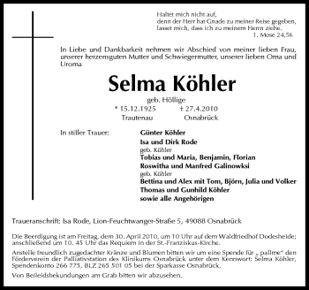 Traueranzeige von Selma Köhler von Neue Osnabrücker Zeitung GmbH & Co. KG