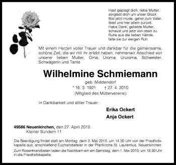 Traueranzeige von Wilhelmine Schmiemann von Neue Osnabrücker Zeitung GmbH & Co. KG
