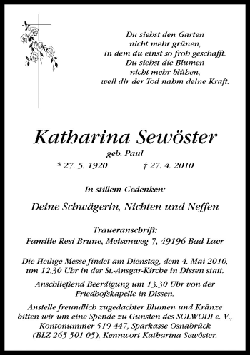 Traueranzeige von Katharina Sewöster von Neue Osnabrücker Zeitung GmbH & Co. KG