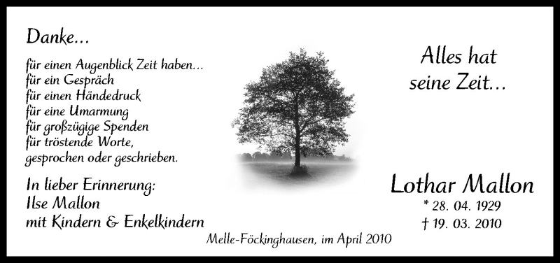  Traueranzeige für Lothar Mallon vom 30.04.2010 aus Neue Osnabrücker Zeitung GmbH & Co. KG