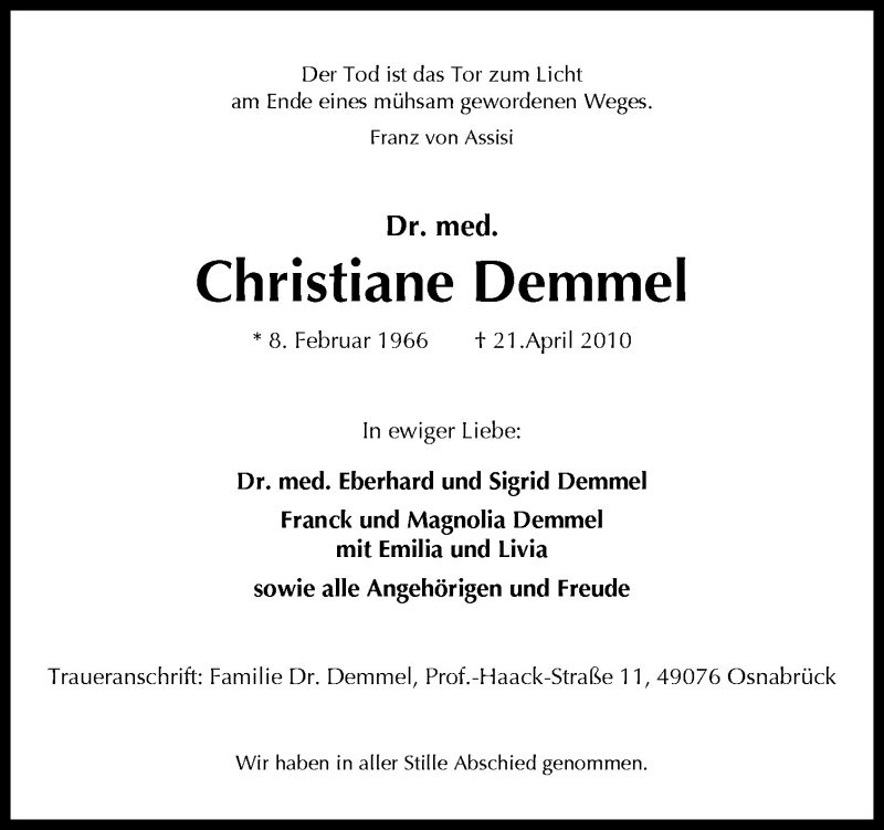  Traueranzeige für Christiane Demmel vom 03.05.2010 aus Neue Osnabrücker Zeitung GmbH & Co. KG