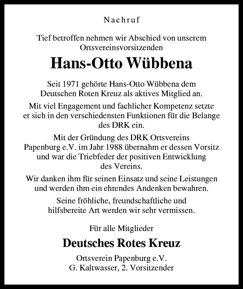  Traueranzeige für Hans-Otto Wübbena vom 03.05.2010 aus Neue Osnabrücker Zeitung GmbH & Co. KG