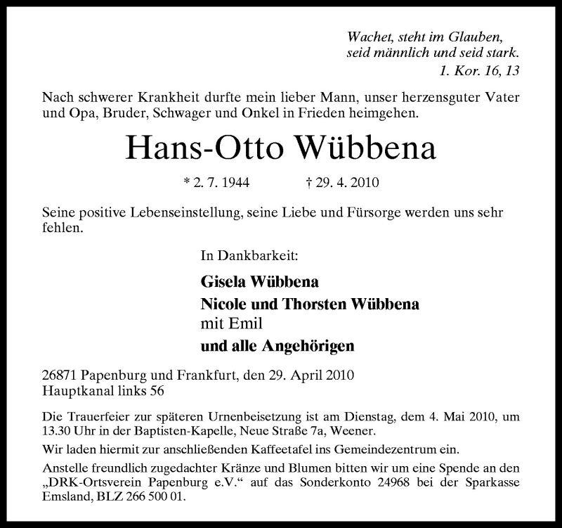  Traueranzeige für Hans-Otto Wübbena vom 03.05.2010 aus Neue Osnabrücker Zeitung GmbH & Co. KG