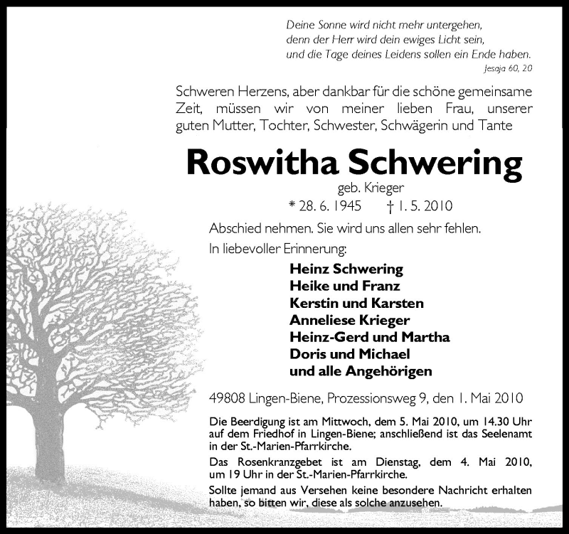  Traueranzeige für Roswitha Schwering vom 03.05.2010 aus Neue Osnabrücker Zeitung GmbH & Co. KG