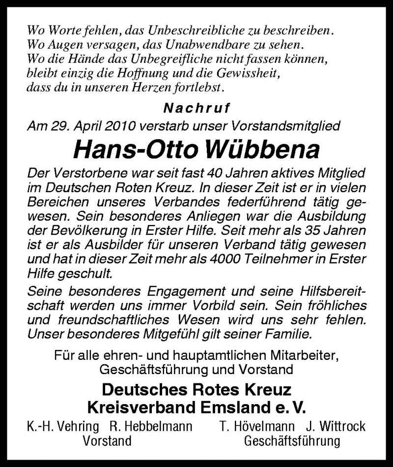  Traueranzeige für Hans-Otto Wübbena vom 03.05.2010 aus Neue Osnabrücker Zeitung GmbH & Co. KG