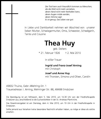 Traueranzeige von Thea Huy von Neue Osnabrücker Zeitung GmbH & Co. KG