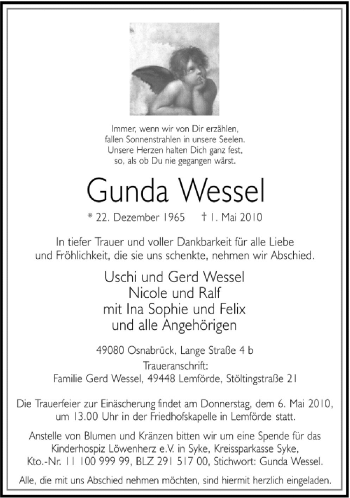 Traueranzeige von Gunda Wessel von Neue Osnabrücker Zeitung GmbH & Co. KG