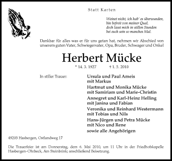 Traueranzeige von Herbert Mücke von Neue Osnabrücker Zeitung GmbH & Co. KG