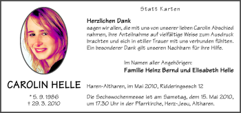 Traueranzeige von Carolin Helle von Neue Osnabrücker Zeitung GmbH & Co. KG