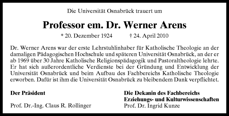  Traueranzeige für Werner Arens vom 08.05.2010 aus Neue Osnabrücker Zeitung GmbH & Co. KG
