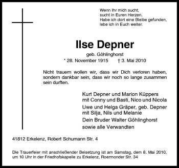Traueranzeige von Ilse Depner von Neue Osnabrücker Zeitung GmbH & Co. KG