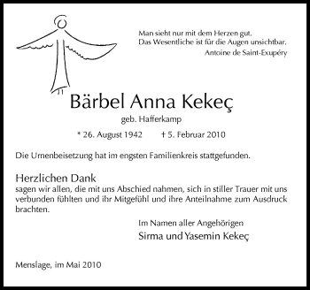 Traueranzeige von Bärbel Anne Kekec von Neue Osnabrücker Zeitung GmbH & Co. KG