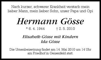 Traueranzeige von Hermann Gösse von Neue Osnabrücker Zeitung GmbH & Co. KG