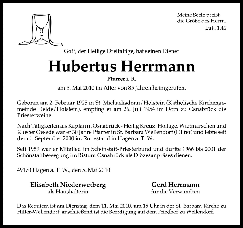  Traueranzeige für Hubertus Herrmann vom 08.05.2010 aus Neue Osnabrücker Zeitung GmbH & Co. KG