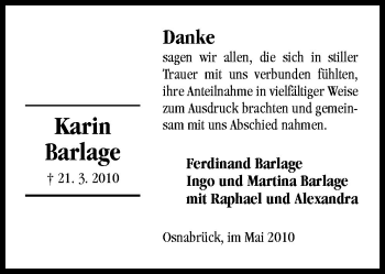 Traueranzeige von Karin Barlage von Neue Osnabrücker Zeitung GmbH & Co. KG